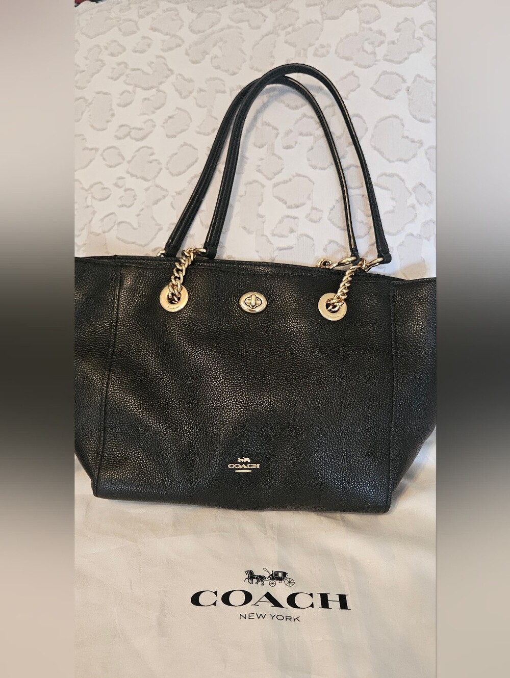 Coach Black Pebbled Leather Tote with Gold Chain Handles
